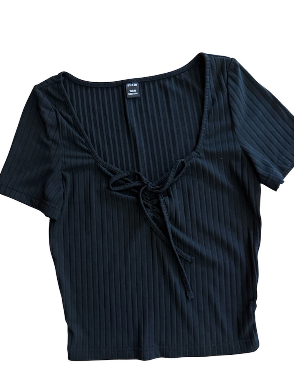 WOMENS RIBBED BLACK SHORT SLEEVED  TOP LOW SWEETHEART NECKLINE W/TIE DETAIL MED